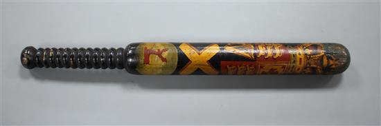 A Victorian Hertfordshire Constabulary truncheon, painted gilt Royal Arms, crest and S & N, H.C., 1849, length 39.5cm